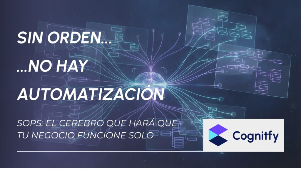Visualización 3D de diagramas de procesos digitales y SOPs conectando nodos en un entorno tecnológico de Cognitfy.