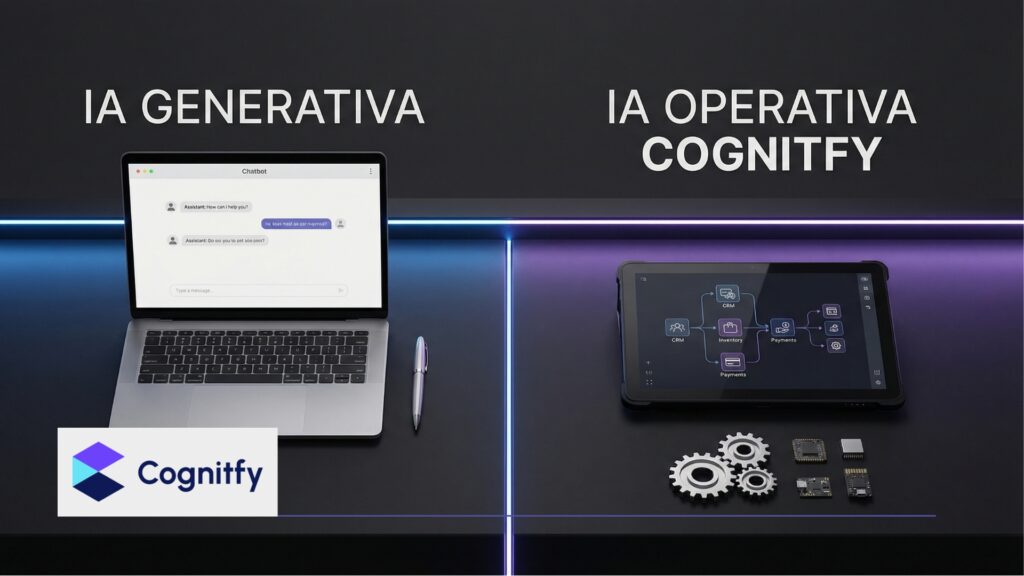 Una comparativa visual dividida por una línea de luz neón. A la izquierda, un portátil con un chat representando la IA Generativa. A la derecha, una tablet industrial con un diagrama de flujo (CRM, Inventario, Pagos) y componentes electrónicos representando la IA Operativa de Cognitfy.