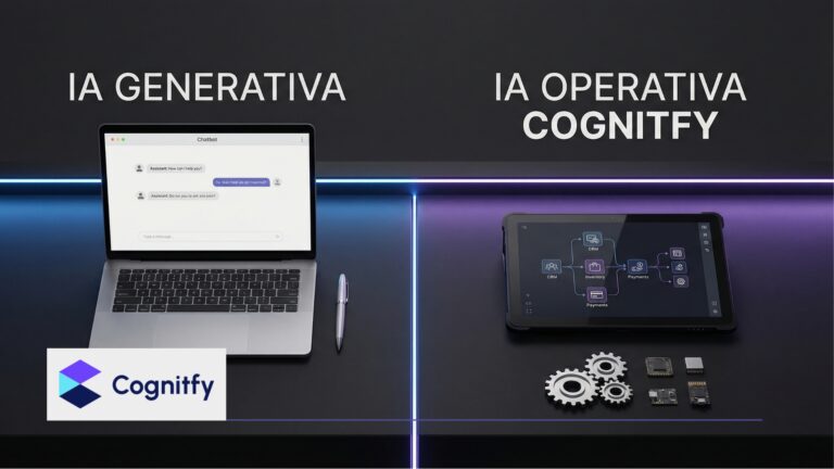 Una comparativa visual dividida por una línea de luz neón. A la izquierda, un portátil con un chat representando la IA Generativa. A la derecha, una tablet industrial con un diagrama de flujo (CRM, Inventario, Pagos) y componentes electrónicos representando la IA Operativa de Cognitfy.
