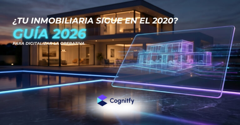 Imagen de portada estilo futurista 8K para inmobiliarias. Una tablet digital transparente muestra un modelo 3D de una villa de lujo y flujos de datos en cian y violeta sobre la gestión de leads. Al fondo, una mansión moderna al atardecer. Texto: ¿Tu inmobiliaria sigue en el 2020? Guía 2026