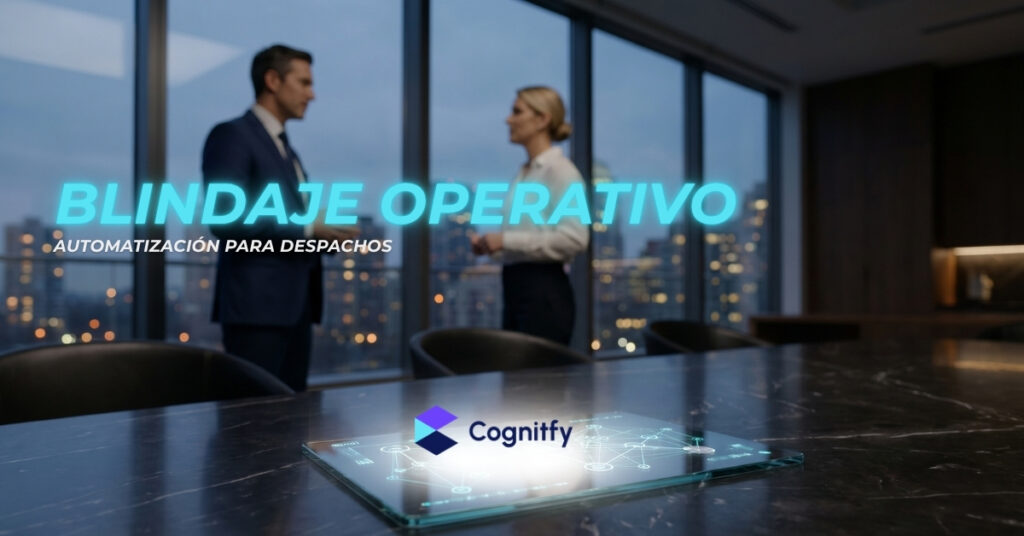 Fotografía de estilo cinematográfico en una oficina de abogados moderna al anochecer. En primer plano, una tableta de cristal transparente muestra gráficos de datos legales en cian y blanco. Al fondo, desenfocado, el equipo de Cognitfy asesora a un abogado. Ambiente de tecnología legal avanzada (LegalTech) y seguridad documental.